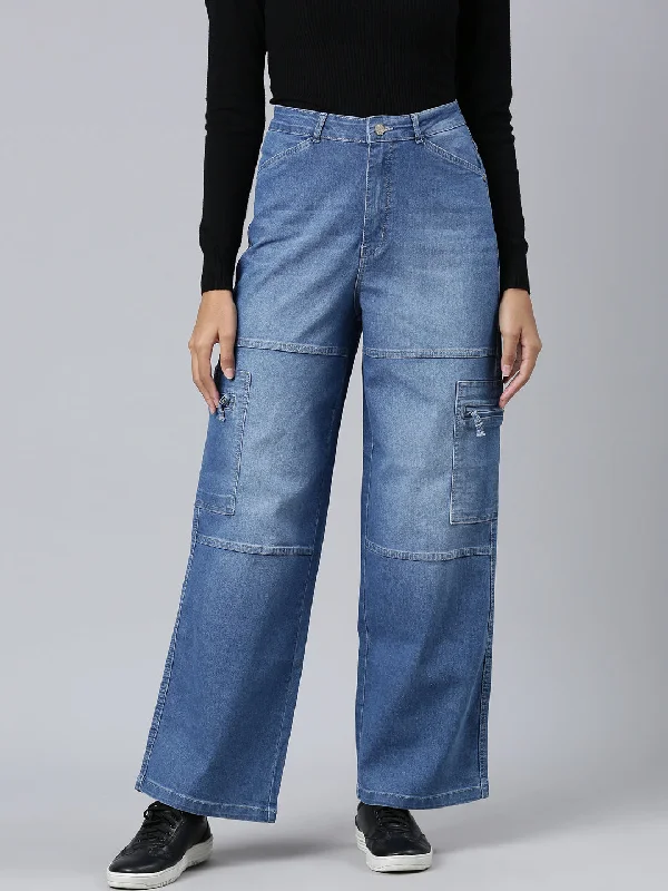 Sports Fitness Style Women Blue Solid Wide Leg Denim Jeans