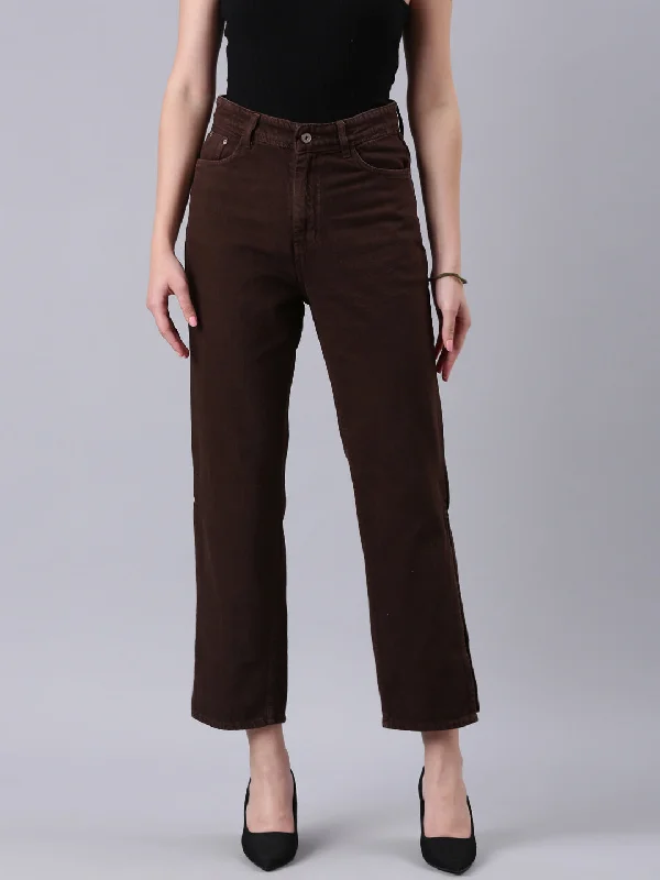 Minimal Classic Women Brown Solid Wide Leg Denim Jeans