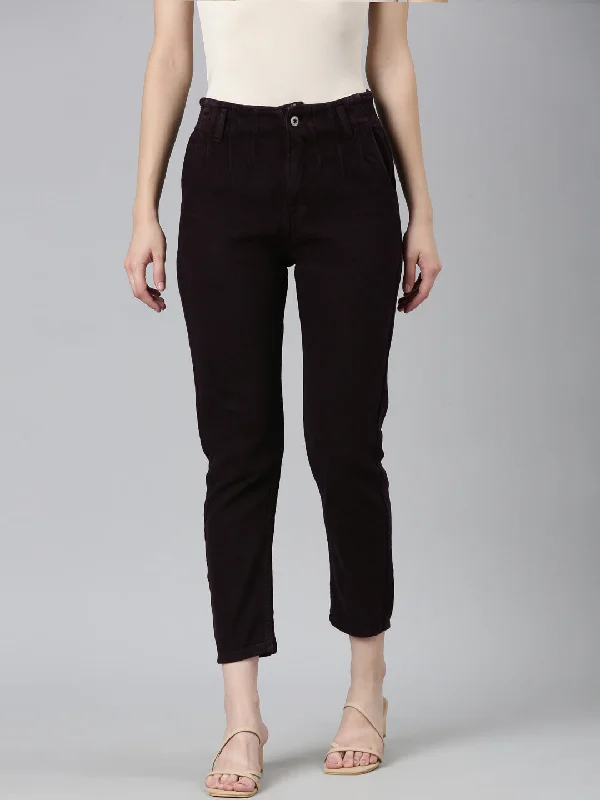 High-waisted pants style Women Violet Solid Regular Fit Denim Jeans