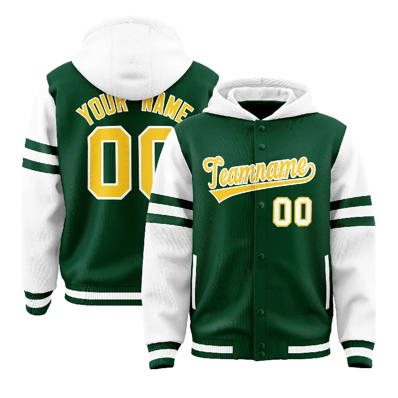 Customized Version Custom Green White Raglan Sleeves Varsity Full-Snap Letterman Three Stripes Jacket Hoodie Customized Version Custom Green White Raglan Sleeves Varsity Full-Snap Letterman Three Stripes Jacket Hoodie