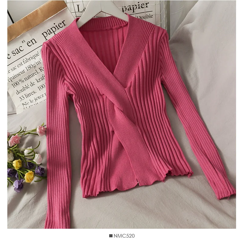 Relaxed Chic Design cross vertical stripe V-neck tight and slim knit  1879
