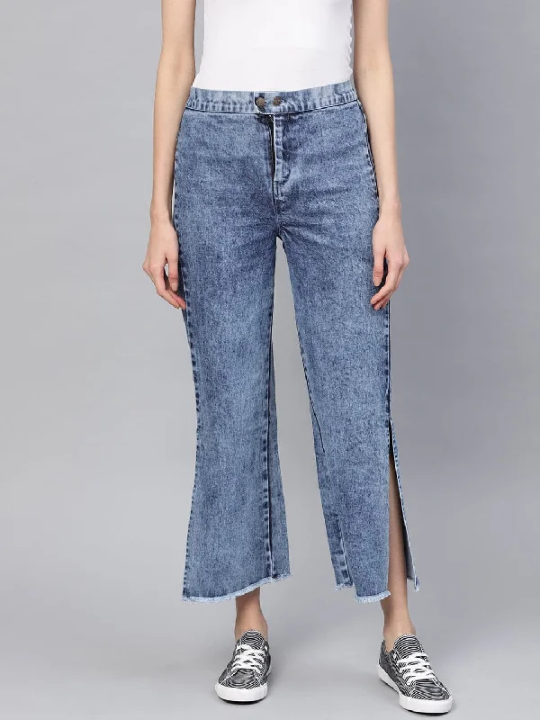 Fresh And Simple Blue Denim Acid Wash Side Slit Pants