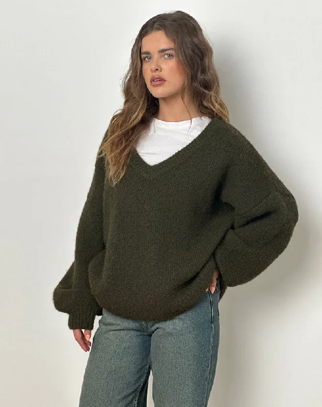 British Fashion Asato Chunky V Neck Jumper in Brushed Khaki
