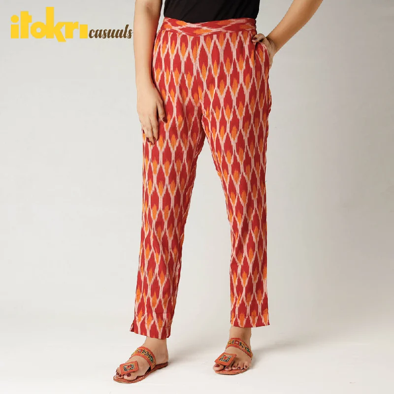 Sweet Breath Red - iTokri Casuals - Pochampally Ikat Cotton Tapered Casual Pant for Women Sweet Breath Red - iTokri Casuals - Pochampally Ikat Cotton Tapered Casual Pant for Women