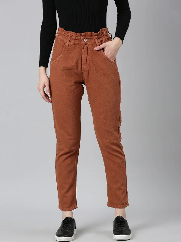 Retro Style Women Rust Solid Regular Fit Denim Jeans
