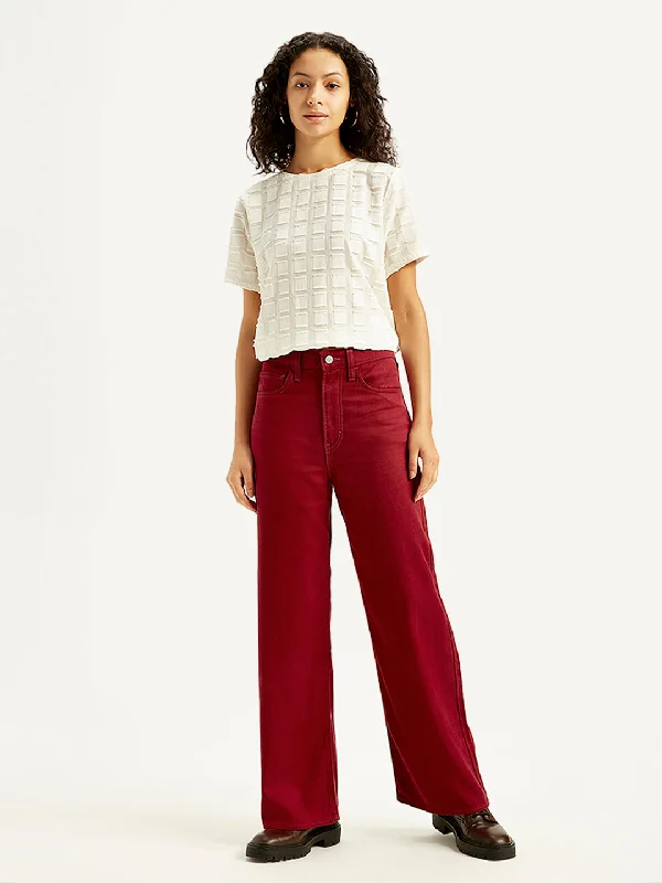 Personalized Wear Women's High Rise Ribcage Wide Leg Red Jeans