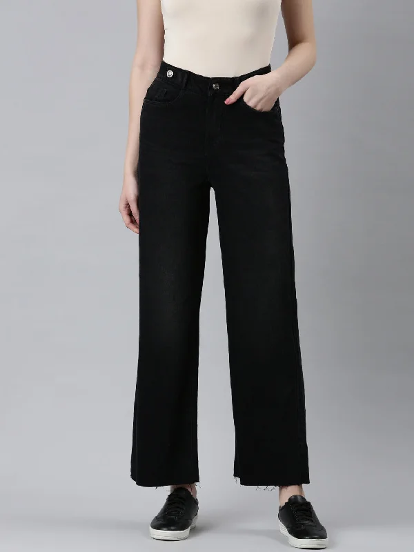 Boutique style Women Black Solid Wide Leg Denim Jeans