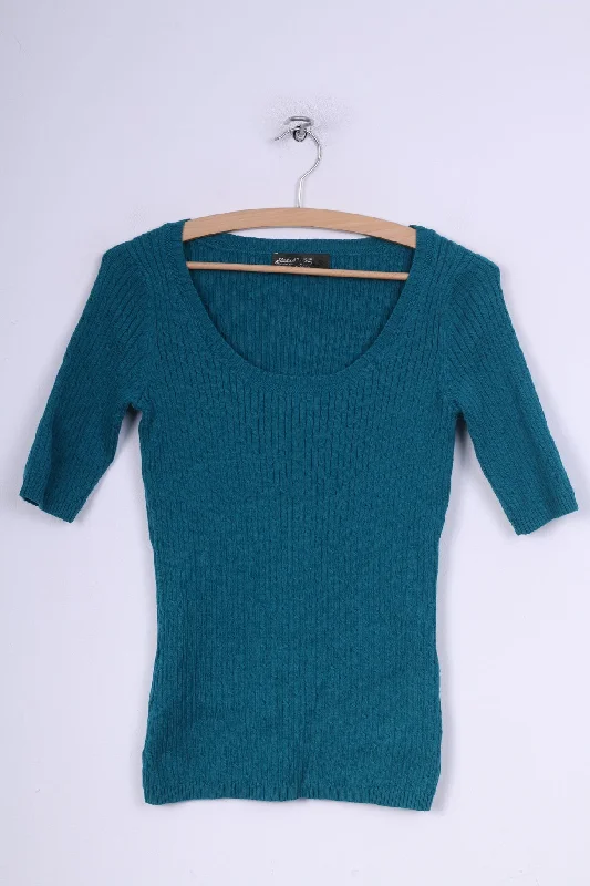 Sports litigation style Eddie Bauer Womens XS Jumper Round Neck Sweater Turquoise Short Sleeve Cotton Nylon Knit