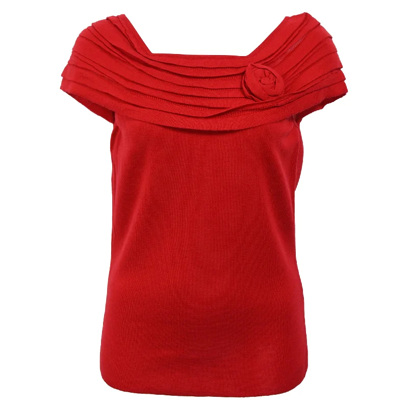 Exquisite Embroidery RED Valentino Knitted Rose Detail Off-Shoulder Top in Red Wool Exquisite Embroidery RED Valentino Knitted Rose Detail Off-Shoulder Top in Red Wool
