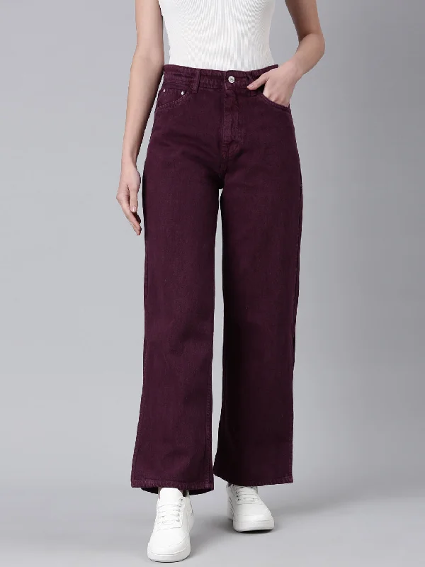 Street Style Women Magenta Solid Wide Leg Denim Jeans