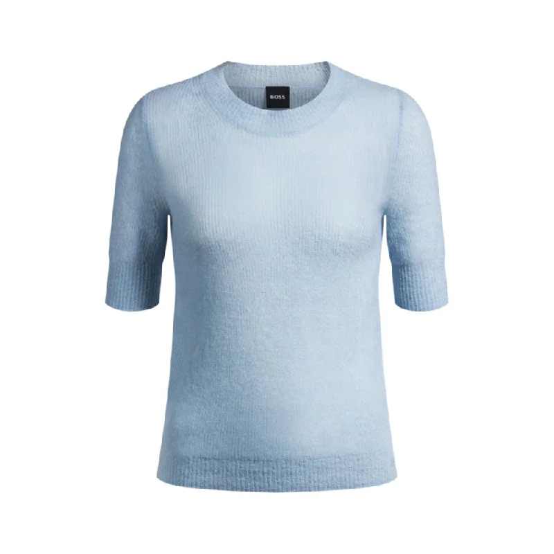 Soft Style Cropped-sleeve knitted sweater in textured wool