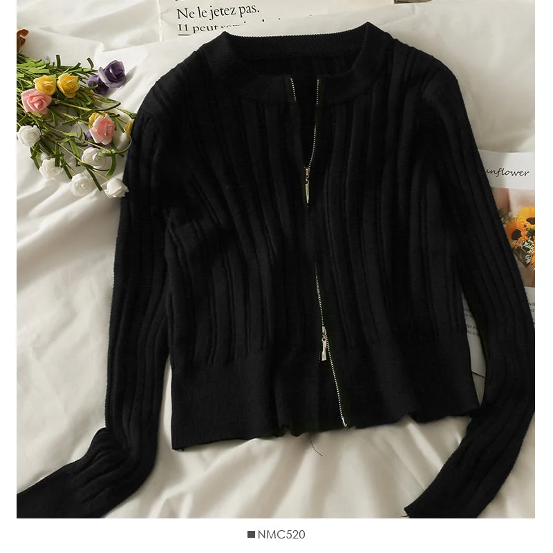 Renaissance Style Slim vertical stripe crew neck short Zip Cardigan Sweater  1876