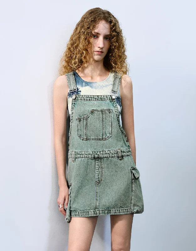 Street Vertical And Horizontal Design Denim Pinafore Dress