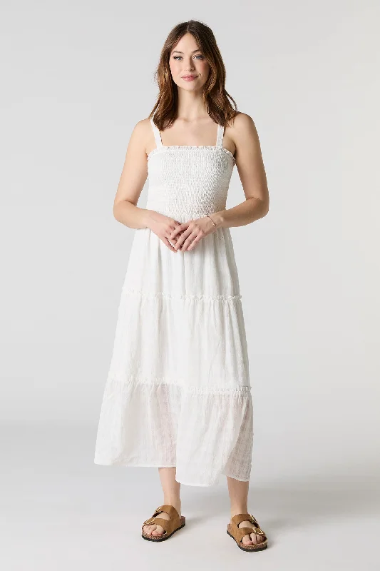 Soft Touch Textured Smocked Tiered Midi Dress