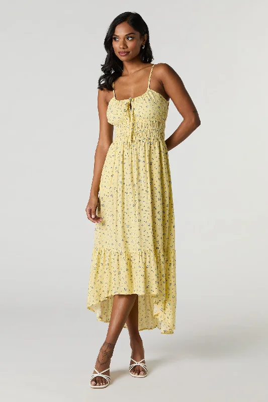 Street Fashion Style Floral Tie Front High Low Maxi Dress