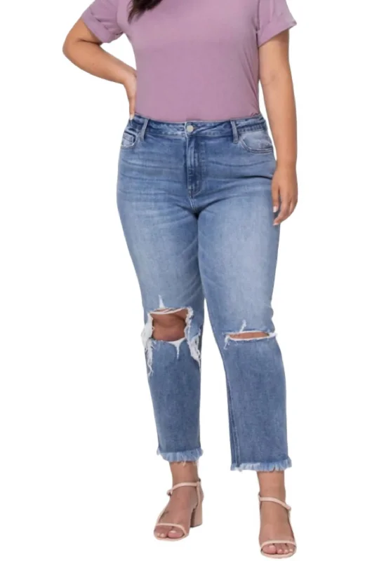 Fashion Design High Rise Relaxed Distressed Crop Jeans - Plus In Blue