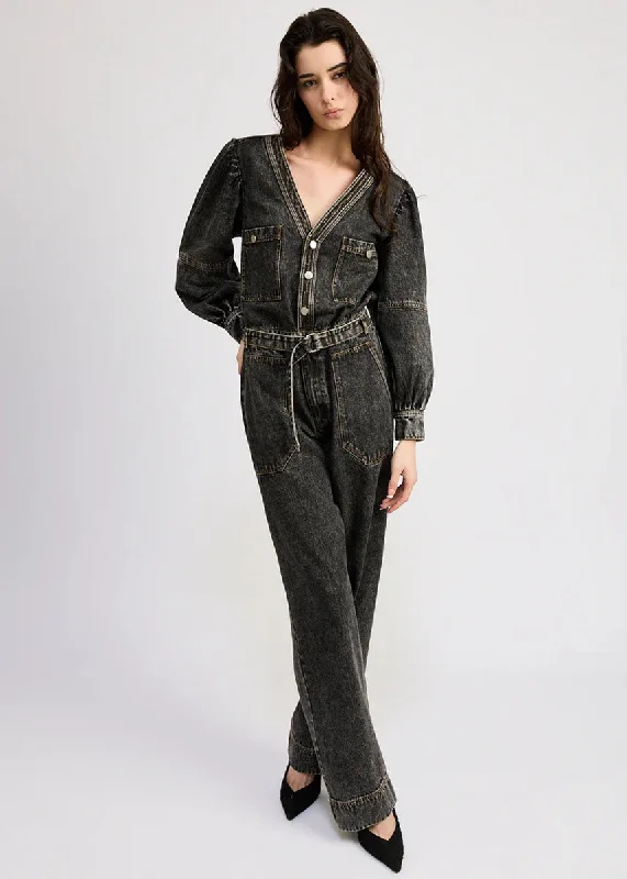 Sports Express Nia Puff Sleeve Denim Jumpsuit - Grey