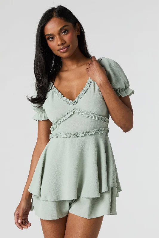 Breathable Comfort Ruffle Trim Puff Sleeve Tiered Romper