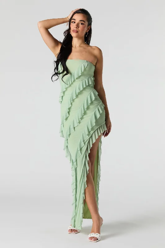 Renaissance Style Ruffled Asymmetrical Strapless Maxi Dress