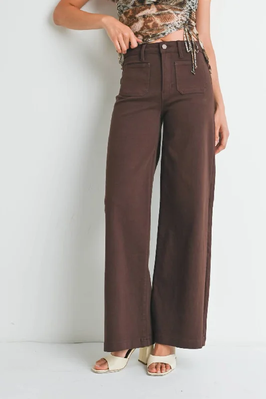 Elegant Series High Rise Mini Patch Pocket Wide Leg Jean In Brown