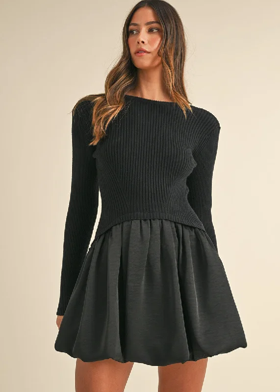 Sports Functional Style Vinnie Sweater Bubble Mini Dress - Black