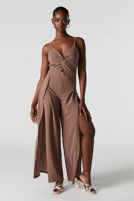 Design And Tailoring Twist Front Slit Leg Jumpsuit
