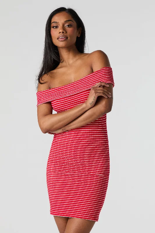 Stylish Ease Ribbed Off Shoulder Bodycon Mini Dress