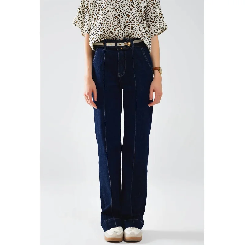 Unique Fashion Straight Leg Jeans With Stitching In Dark Blue