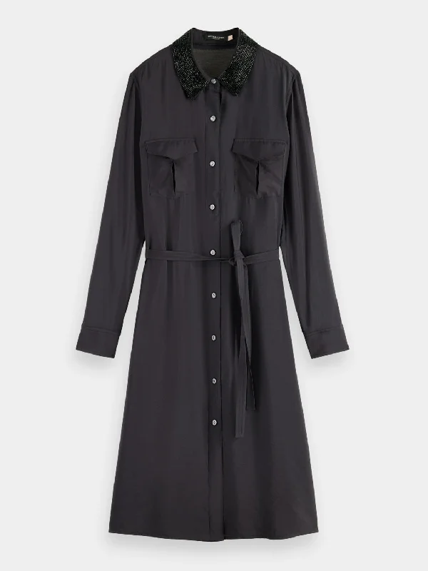 Minimal Style Beaded collar midi shirt dress