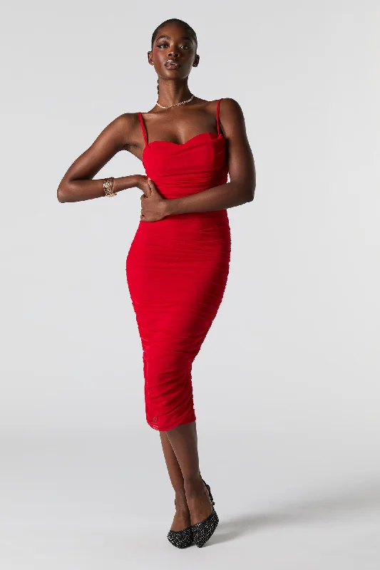Cool Breeze At Night Mesh Ruched Bustier Midi Dress