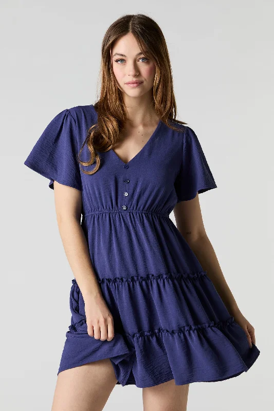 Trendy Casuals Button Front Short Sleeve Tiered Mini Dress
