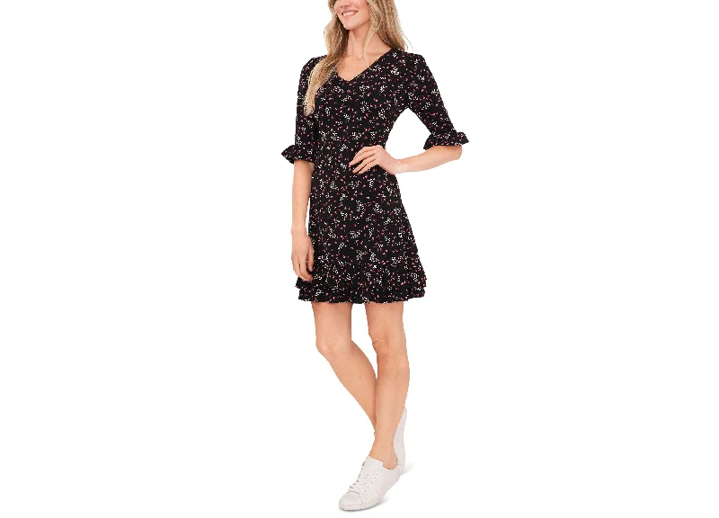 Slim Fit Women's Printed V-Neck Ruffle-Hem Knit Dress