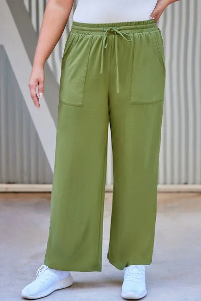 Age-reducing Style Plus Size Drawstring Straight Pants with Pockets